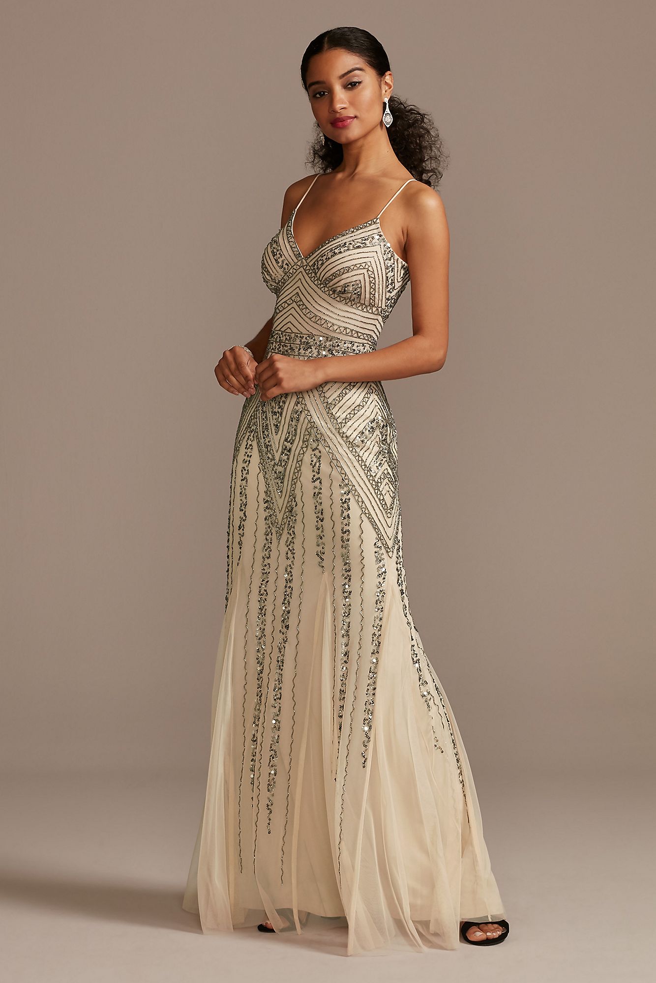 Deco Beaded Mesh A-Line Gown with Godet ...