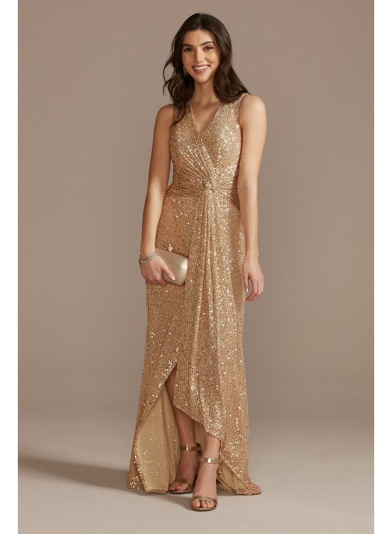V-Neck Sequin Sheath Gown with Knot Detail WBM2545